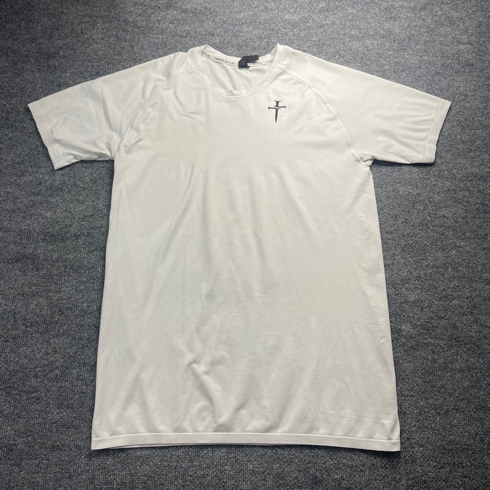 Three Nails Mens White Activewear Training T-Shirt Cross Logo Size L Raglan Tee